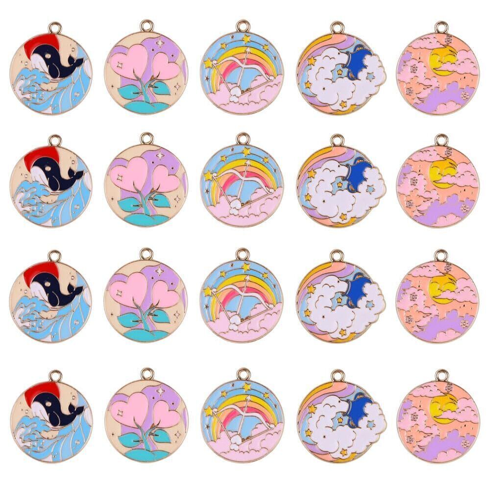 4526 Round Charms Alloy Enamel Circular Dolphin, Love, Rainbow, Morning